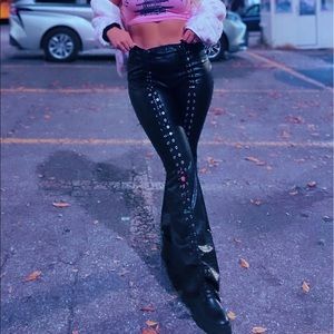 Black Faux Leather Lace Up Flares. (Size Medium)